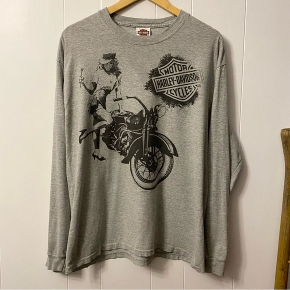 Y2K Vintage Harley Davidson Long Sleeve Shirt Grey Girl Biker Bike Babe Woman